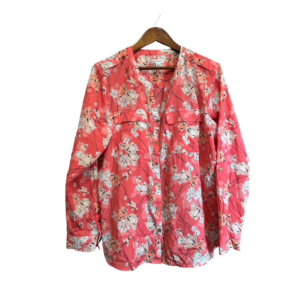 Croft & Barrow Floral Utility Shirt Womens XL Coral Pink Roll Tab Sleeve EXCL